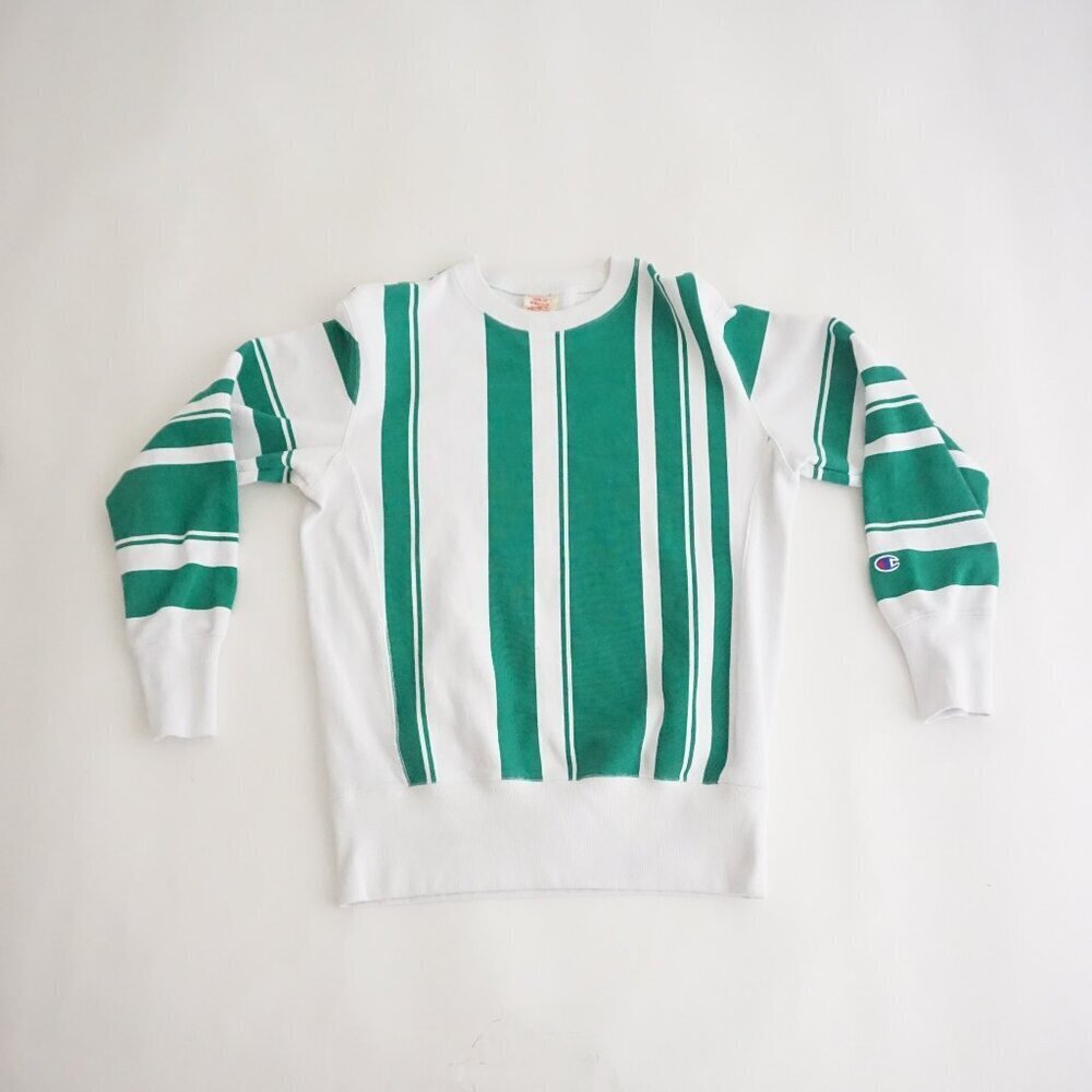 Champion Green White Stripe Reverse Weave Crewneck Sweatshirt Preppy Athletic M